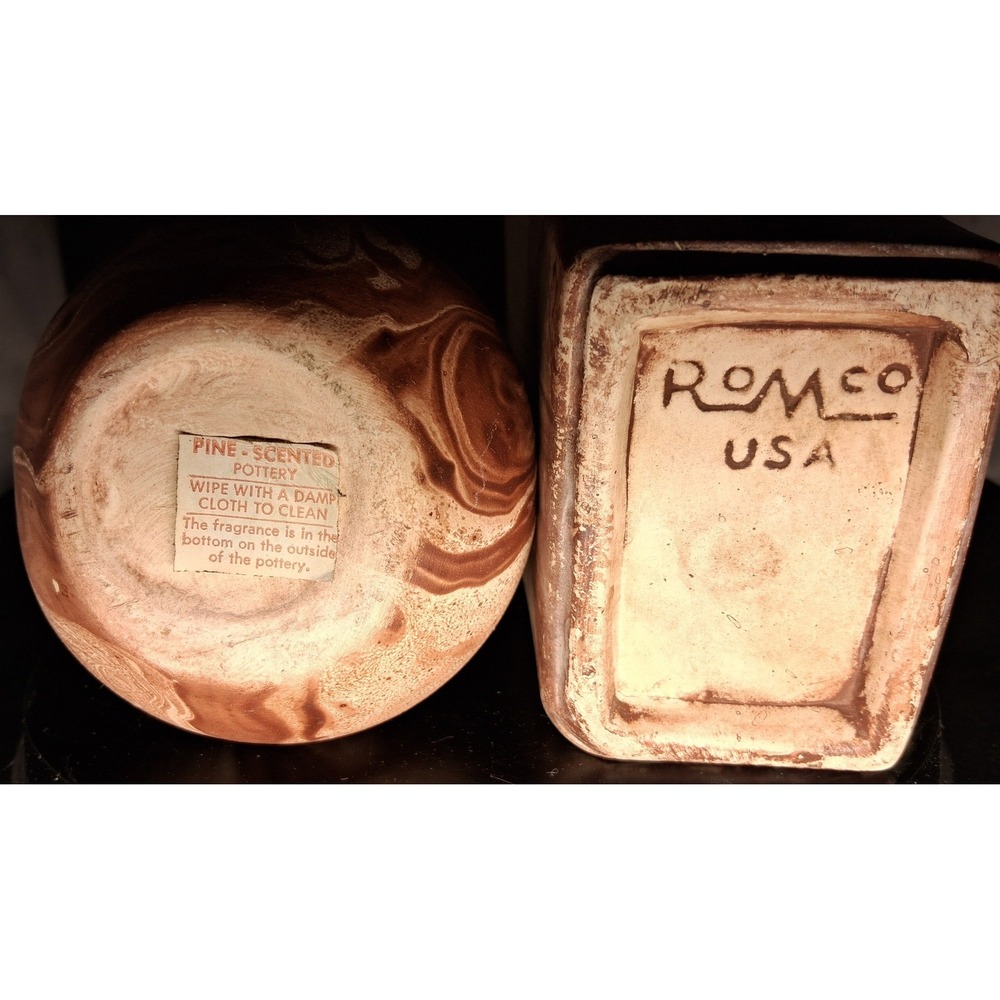 Vintage Romco USA Pottery Set Brown Green Marbleized Planter and Bud Vase 2pc